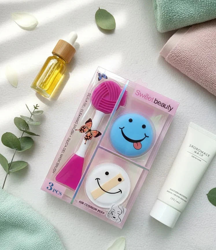 Sweet Beauty - 3-in-1 Silicone Gel Face Cleaning Makeup Puff Set